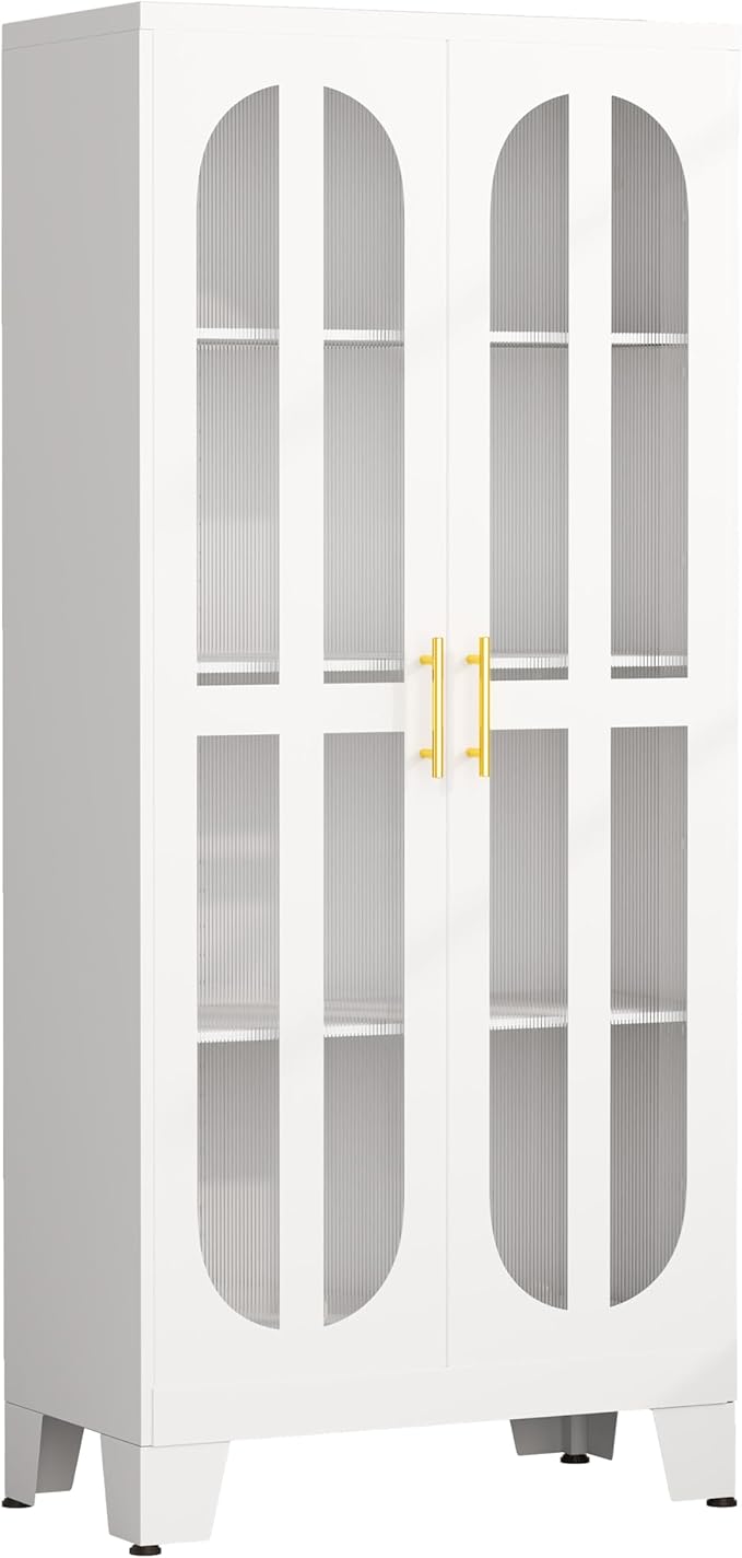 pozdeg 61" Metal Kitchen Pantry Storage Cabinet with 2 Acrylic Glass Doors ＆ 3 Adjustable Shelves, Versatile Food Freestanding Cupboard for Kitchen, Dining Room, Bathroom and Garage (White)