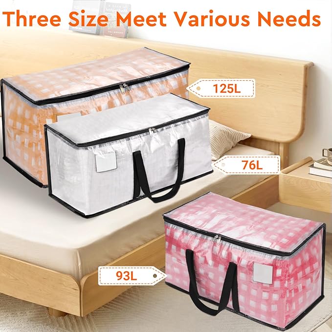 BlissTotes Moving Bags, 2-Pack Storage Bags, Moving Bags Heavy Duty Extra Large, Moving Totes, Clear moving Bags, Reinforced Handles & Tag Pocket, Christmas Totes (125L)