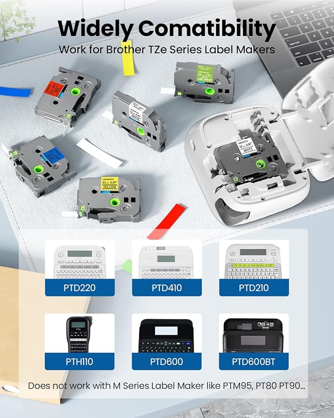 PT-D220 PTD210 PTD400AD PT-H111 PT-1750 Label Maker Tape 12mm 0.47 Laminated, Ptouch Label Tape Replacement for Brother TZ TZe Tape Compatible with Brother P-Touch Refills 1/2 Inch x26.2 Ft, 6 Pack