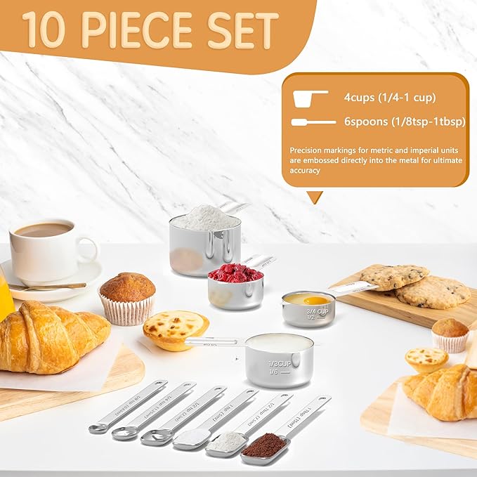 Minteem Stainless Steel Measuring Cups & Spoons Set for Cooking and Baking, Nesting Measuring Cups Measuring Spoons for Measuring Dry or Liquid Ingredients, Kitchen Gadgets, 10Pack