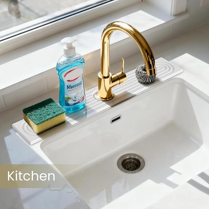Faucet Mat for Kitchen Sink, Water Absorbent Kitchen Faucet Mat, Durable Sink Splash Guard with Raised Feet, Diatomite Fast Drying Kitchen Sink Faucet Mat, Bathroom Stone Drying Tray for Counter