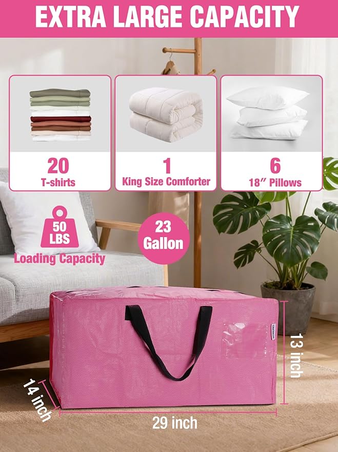 WORKPRO 4 Pack Extra Large Moving Bags with Zippers & Carrying Handles Backpack Straps, Heavy-Duty Storage Tote for Space Saving Moving Storage (Pink)