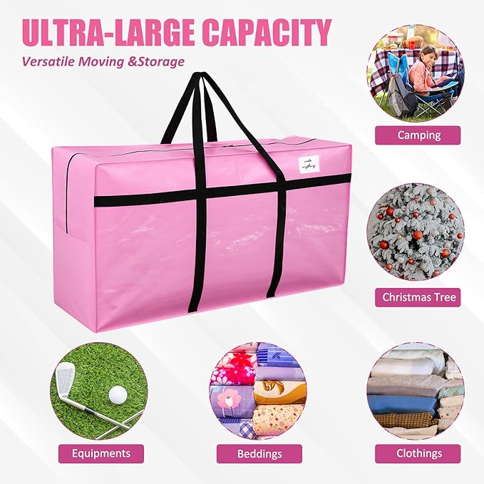 Windyun 4 Pack 98 Gallon Extra Large Moving Bags XXL Heavy Duty Storage Bag with Strong Zipper Handle Jumbo Big Tote Box Foldable for College Dorm Travel Clothes Duffle Blanket Pillow(Pink)