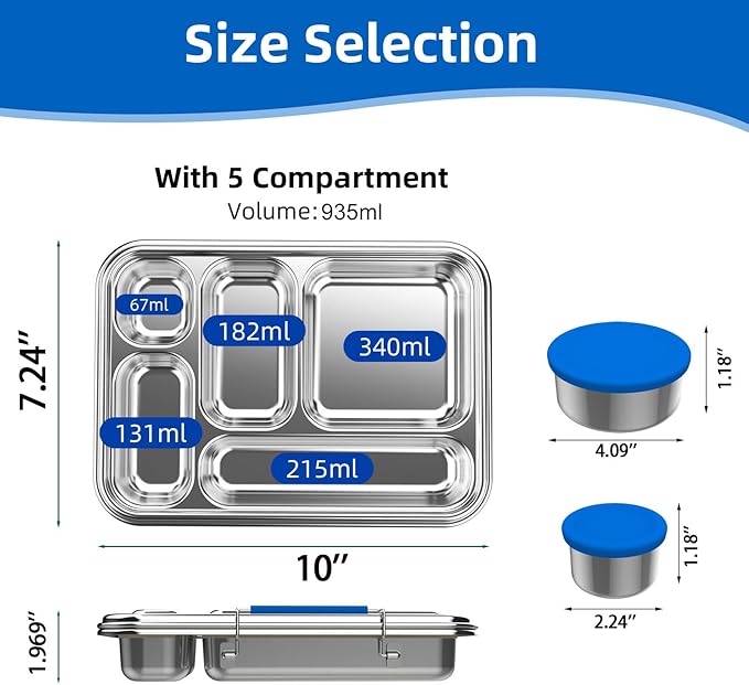 Stainless Steel Bento Box for Adults, 31.6 oz Leakproof 5-Compartments Stainless Steel Bento Containers, Metal Lunch Box with 2 Container, Dishwasher Safe, Design for Office,Outdoor, BPA-Free Blue