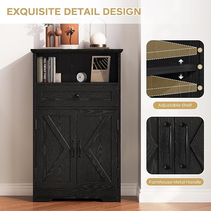 Viroformo Floor Cabinet, Farmhouse Storage Cabinet with Barn Doors and Drawer, 11.81" D x 23.62" W x 39.37" H Black Freestanding Adjustable Shelf Organizer for Bathroom, Kitchen, Living Room