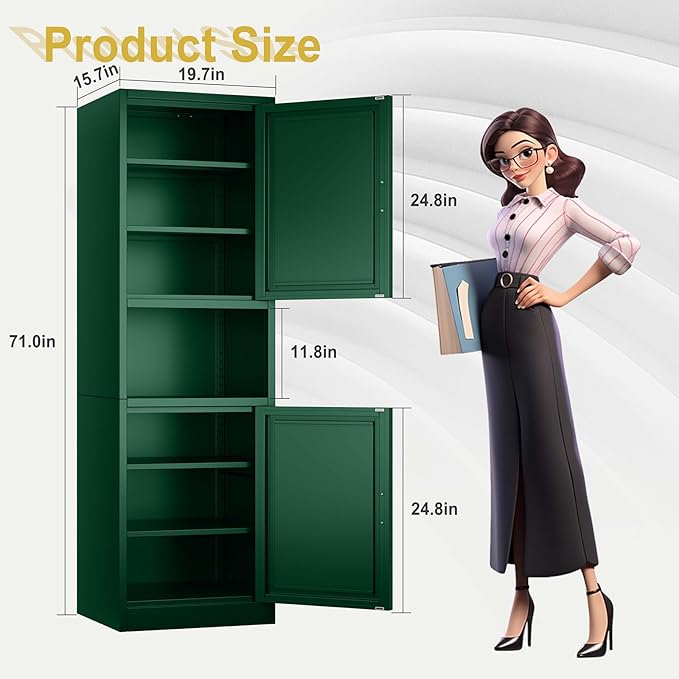 67" Tall Narrow Storage Cabinet Metal Bathroom Cabinet with 2 Doors & 4 Adjustable Shelves, Standing Pantry Cabinets Cupboard for Kitchen, Dining Room, Living Room and Bathroom (Green)