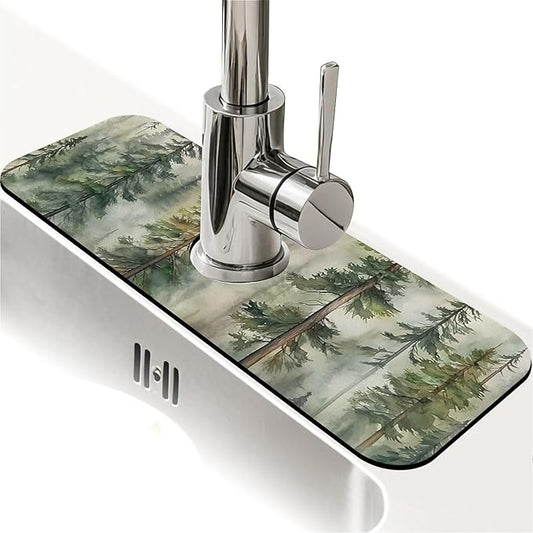 Kitchen Sink Splash Guard，Tall pine trees Faucet Mat Sink Gadgets-Super Absorbent Fast Drying Mat Drip Catcher for Kitchen, Bathroom,Sink Mat, Dish Drying Mat, Bathroom(15" X 5.5" )