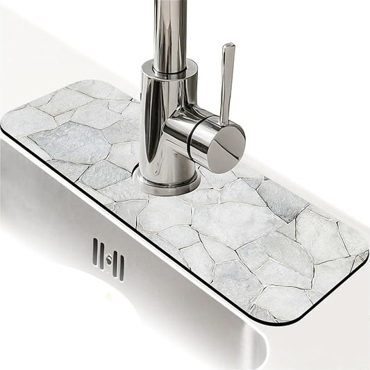Kitchen Sink Splash Guard，White stone wall Faucet Mat Sink Gadgets-Super Absorbent Fast Drying Mat Drip Catcher for Kitchen, Bathroom,Sink Mat, Dish Drying Mat, Bathroom(15" X 5.5" )