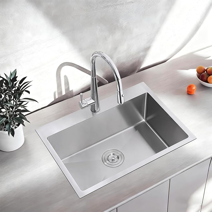 28X18 Inch Drop In Kitchen Sink, Topmount Stainless Steel Brushed Nickel Single Bowl Kitchen Sink, Extra-thick 16 Gauge For RV Laundry Utility with Basket Strainer, VALYJ281809SD