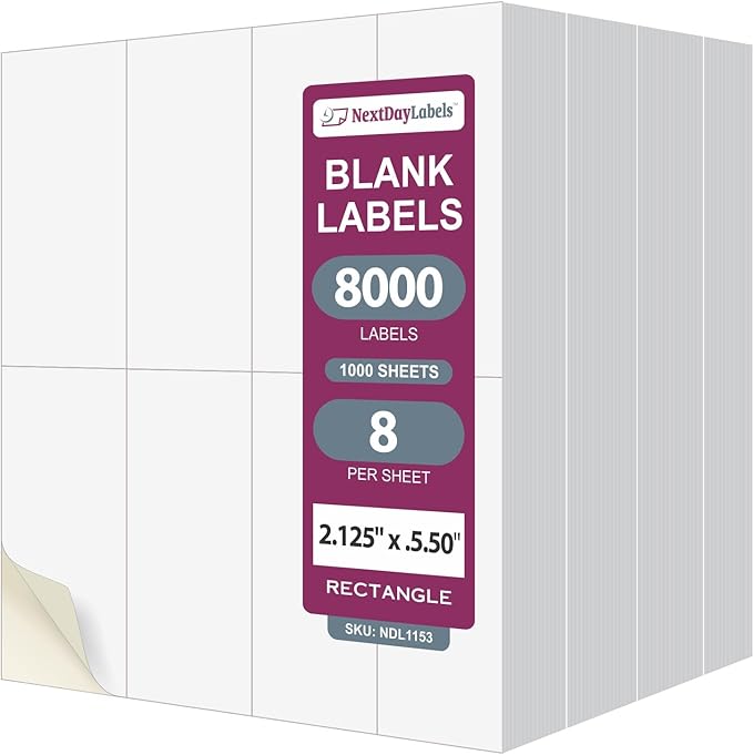 NextDayLabels 2.13x5.5 Inch Rectangle Stickers White Blank Labels for Laser Inkjet Printer - 8 Per Sheet Self-Adhesive Unique Size Label Made in USA - 8,000 Labels
