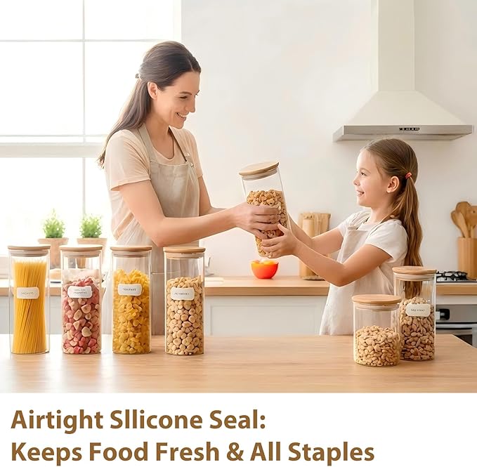 73oz Glass Spaghetti Containers for Pantry Organization, 3-Pack Large Airtight Food Jars with Bamboo Lids and Non-Slip Silicone Bases, Clear Storage Canisters for Pasta, Flour, Cereal, Rice