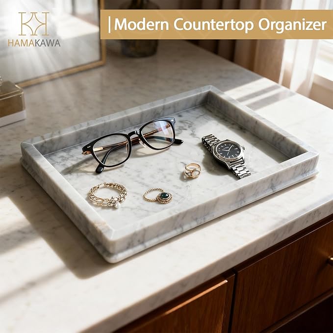 HAMAKAWA Large Natural Marble Bathroom Vanity Tray 12 inch, Carrara White Stone Jewelry Tray, Rectangle Sink Trays, Modern Tank Trays, Countertop Organizer for Soap Dispenser, Kitchen, Home Decor