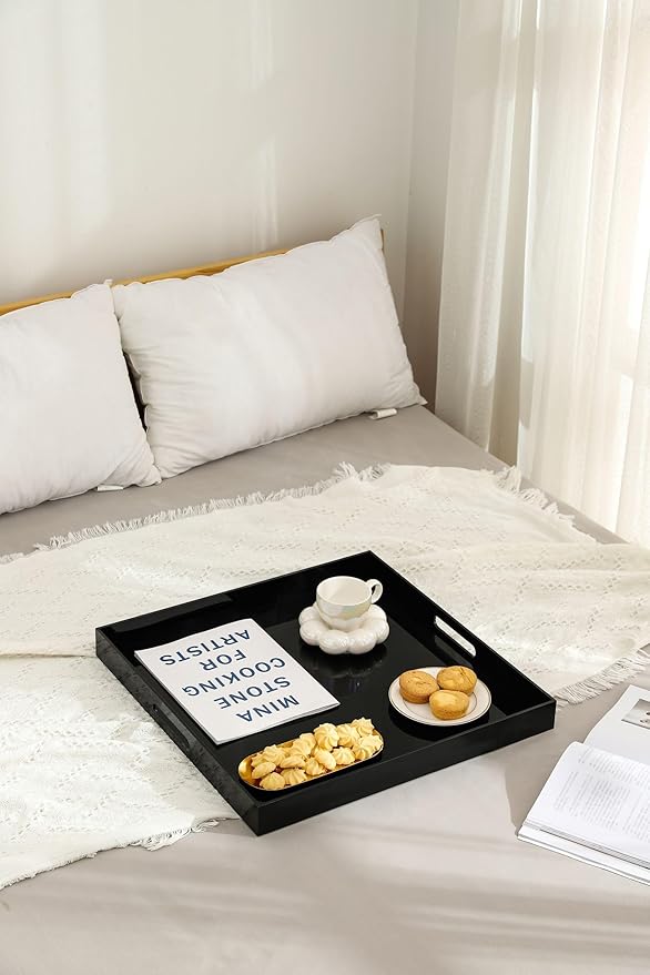 BEYLANG Glossy Black Sturdy Acrylic Serving Tray with Handles-24x24Inch-Serving Coffee,Appetizer,Breakfast,Butler-Kitchen Countertop Tray-Makeup Drawer Organizer-Vanity Table,Ottoman Tray-Decorative