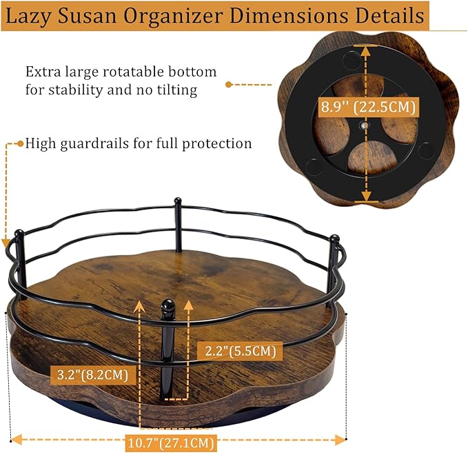 BaiWinlar Lazy Susan Turntable Organizer with Higher Metal Sides, 11" Wooden Lazy Susan Spice Rack Organization and Storage for Cabinet,Kitchen,Countertop,Table Top,Dining Table,Coffee Bar Decor