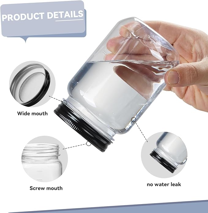 novelinks 16 oz Clear Plastic Jars with Lids, Refillable 16oz Mason Jars with Lids & Storage Containers for Kitchen & Household Use (20 Pack,Black)