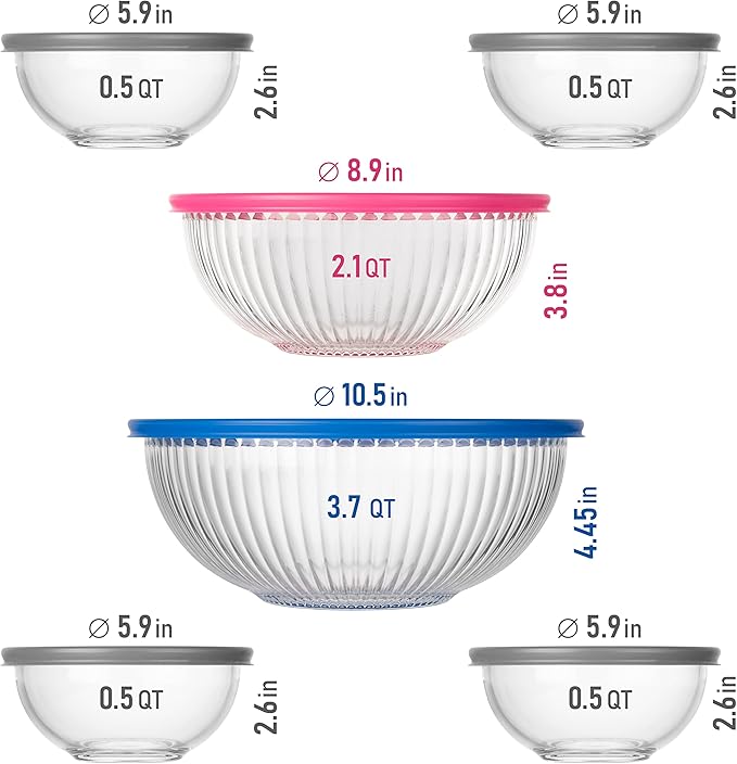 dokaworld Set of 6 Stackable Space-Saving Nesting Glass Bowls with BPA Free Lids for Foodprep, Storage, Baking, Mixing & Cooking, Microwave Safe - Durable Inert Borosilicate Glass