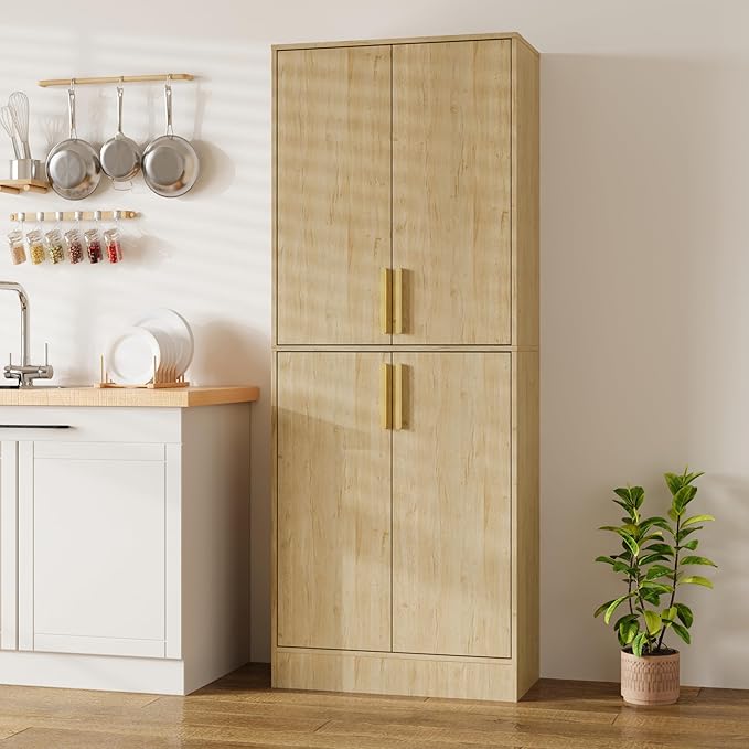 Housoul 71" Tall Pantry Cabinet with 4 Doors, Kitchen Pantry Storage Cabinet, Freestanding Larder Cupboard, Utility Kitchen Hutch with Gold Handles for Dining Room, Bathroom, Natural