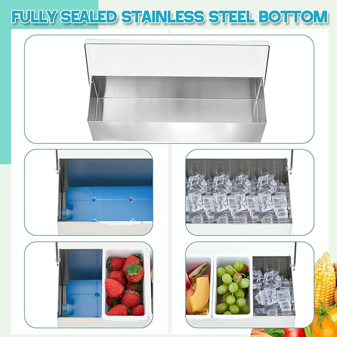 Mifoci 2 Pack Stainless Steel Chilled Condiment Server 6 Removable Slot Toppings Containers with Lid and Bottom Ice Bar Garnish Tray with 9 Silverwares 8 Ice Boxes for Christmas Party, Events and Bar