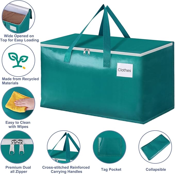 StorageRight Moving Bags-Heavy Duty Moving Boxes, Storage Totes with Zipper, Reinforced Handles and Tag Pocket-Collapsible Moving Supplies for moving, Storage and Travel 93L(Green-8 Pack)