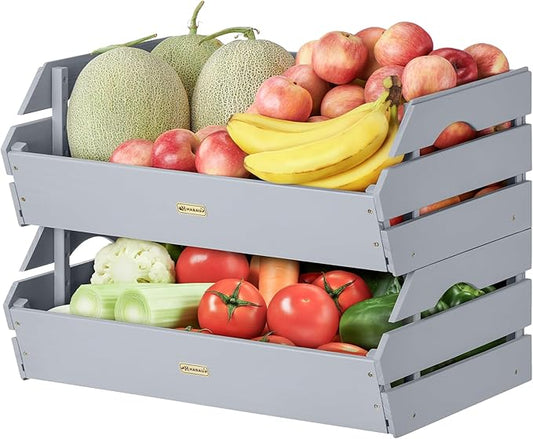 HABAU Potato Onion Storage Bin - Wood Stackable Produce Basket with Handles - Fruit and Vegetable Storage for Kitchen and Pantry Counter Organization - 2 Pack