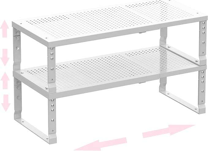 Asiingkel Metal Stackable Expandable Storage Shelf - Multi-Functional Home Storage Shelf, Suitable for Kitchen, Cabinet，Bathroom, Office, Garage, etc.（2PACKS/White/Medium