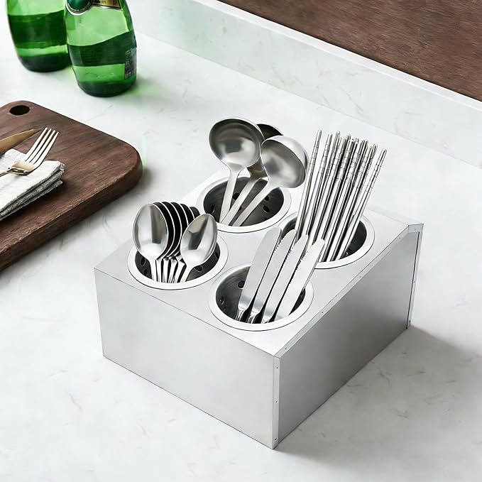 DYNAMI Stainless Steel Kitchen Utensil Holder with 4 Compartments,Commercial Silverware Sorter Silverware Utensil Holder,Perforated Caddy Drying Rack Flatware Organizer Countertop,for Buffets
