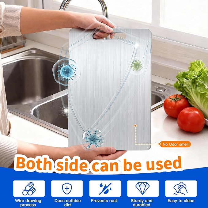 Titanium Cutting Board Set of 1, 15 * 11.5inches,Titanium Cutting Boards for Kitchen, Food Grade Metal Double Sided Chopping Boards for Kitchen Counter Meat Vegetable Fruit Outdoor Camping