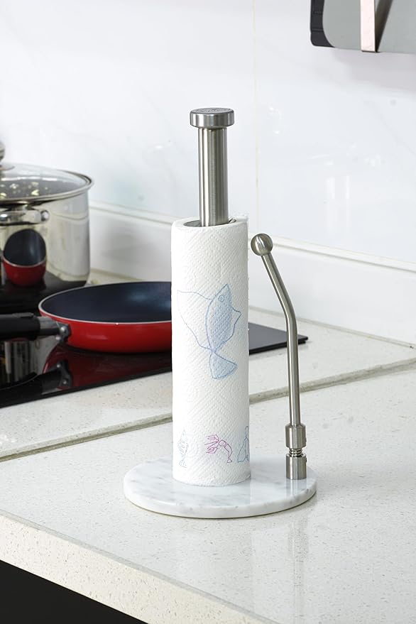 Paper Towel Holder with Marble Base – Heavy Weighted Countertop Holder, Stainless Steel Stand with Natural Stone Base, Modern Kitchen Paper Towel Dispenser