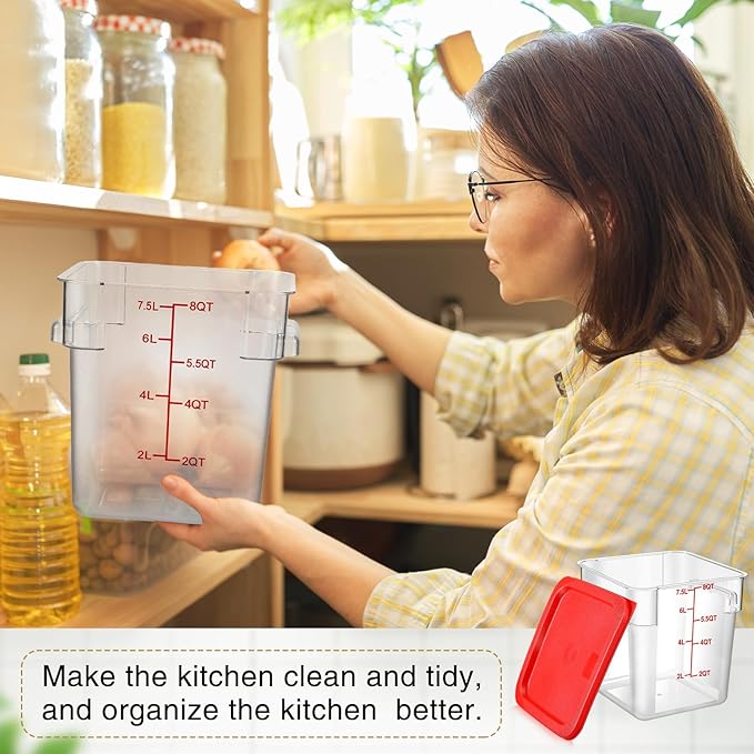 Suclain 2 Pcs Square Food Storage Container Polycarbonate Clear Food Container with Lid Commercial Rice Storage with Graduations for Commercial Kitchen(8 Qt,Red)