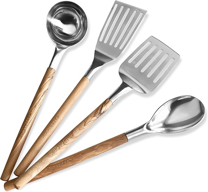 Premium Cooking Utensil Set – Salt & York 4-Piece Olive Wood and Stainless Steel Non-toxic Kitchen Tools with Handcrafted Wooden Handles – Spatula, Ladle, Spoon – Gift for Home Cooks, Kitchen Gift