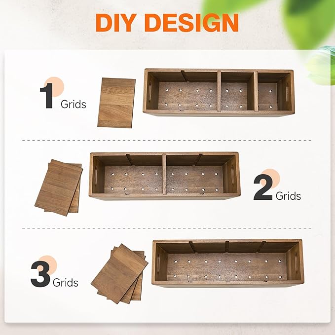 ONEARF Wooden Utensil Holder Counter, Kitchen Utensil Organizer Large 4 Compartment Cooking Utensils Holder, Acacia Rustic Wood Farmhouse Storage Container Crocks for Silverware and Cooker Set