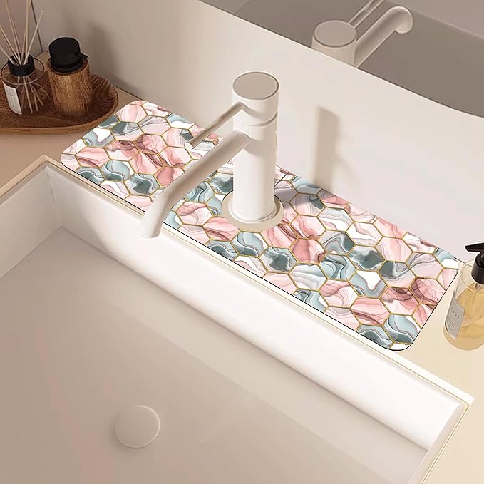 Abstract Gray and Red Hexagon Sink Faucet Absorbing Mat Sink Splash Guard Faucet Mat Draining Mat Fast Drying Sink Protectors for Kitchen and Bathroom 5.5"×15"