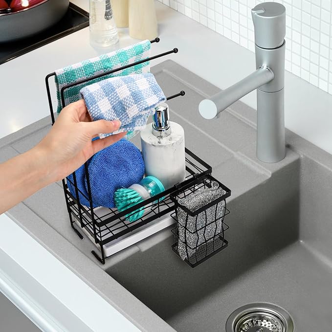 Kitchen Sink Caddy with 3 Dishcloth Drying Racks, Sponge Holder Rag Stand with Drain Pan, Metal Sink Storage Organizer with Removal Basket for Brush, Towel, Scrubber, Dish Rag, Black
