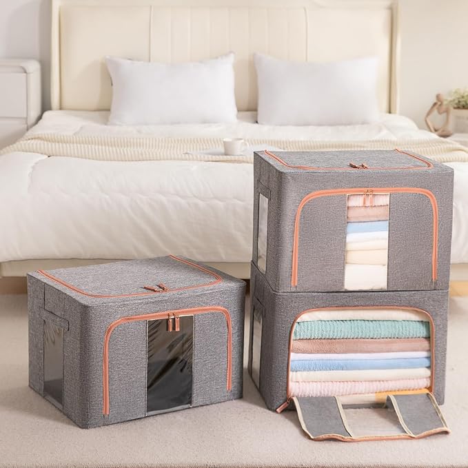GuliPostan 3 Pack 24L Stackable Clothes Storage Bins with Metal Frame Handles & Zipper, Collapsible Closet Organizer Box with Lid for Bedding Blankets Towel (Grey)