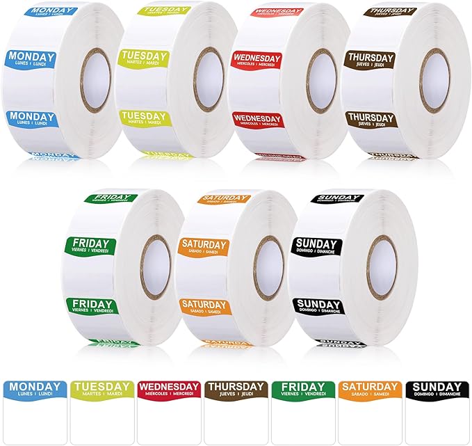 7000 Pcs Day of The Week Labels Food Labels Monday Through Sunday Management Inventory Stickers Removable Weekly Self Adhesive Date Dot Stickers for Restaurant Kitchen Containers (Square)