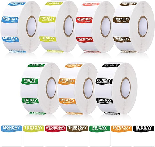 7000 Pcs Day of The Week Labels Food Labels Monday Through Sunday Management Inventory Stickers Removable Weekly Self Adhesive Date Dot Stickers for Restaurant Kitchen Containers (Square)