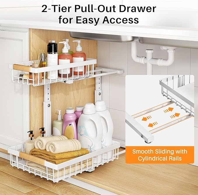 PXRACK Under Sink Organizer, Adjustable Height, 2 Tier Pull Out Under Cabinet Organizer, Slide Out Thickened Metal Under Sink Storage for Kitchen Bathroom Laundry Pantry Cabinet, 2-Pack, White