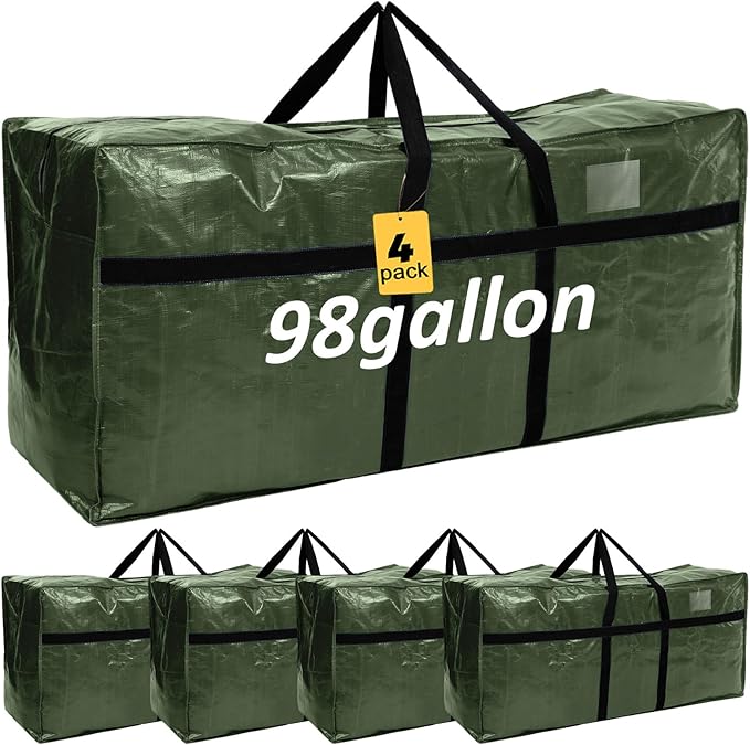Windyun 4 Pack 98 Gallon Extra Large Moving Bags XXL Heavy Duty Storage Bag with Strong Zipper Handle Jumbo Big Tote Box Foldable for College Dorm Travel Clothes Duffle Blanket Pillow(Army Green)