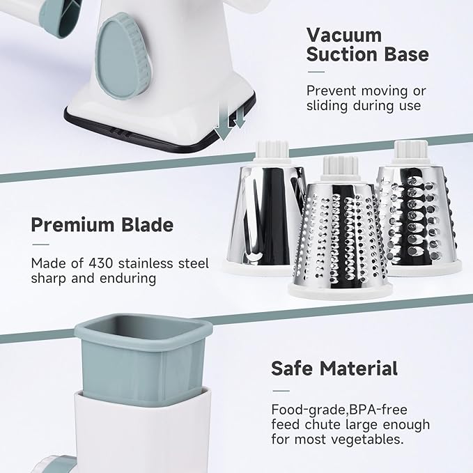 REDPANT Cheese Grater with Handle, Rotary Cheese Grater with 3 Interchangeable Blades, Manual Cheese Shredder with Strong Suction Base, Easy to Use and Clean, White