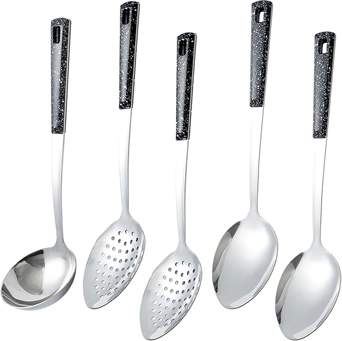 5-Piece Stainless Steel Serving Spoon Set, Large Serving Spoons with Ladle & Slotted Spoon, Metal Serving Spoons for Cooking, Buffet, Soup, Rice, Commercial & Home Kitchen