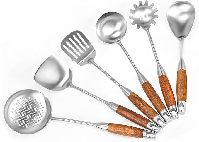 18/10 Stainless Steel Kitchen Utensils Set 6 Pcs Metal Cooking Utensil with Wood Handle, 15.5” Long Spatula, Soup spoon, Leaking shovel, Spaghetti Spoon Kitchen Tools Set (Wood handle - 6 Piece)