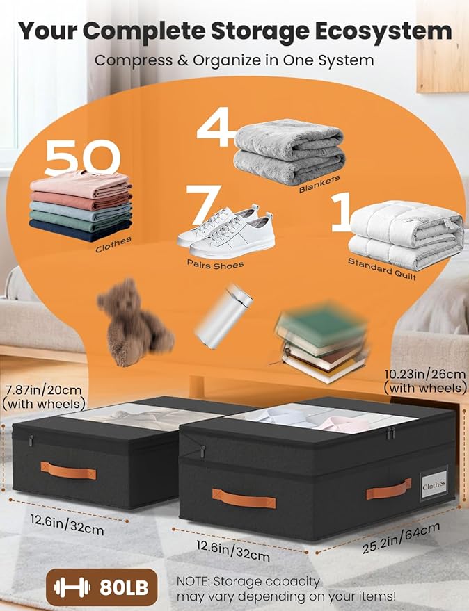 TOSKING Under Bed Storage with Wheels (2 Pack), Adjustable Height 7.9"-10.2", 6 Vacuum Bags, Expandable Rolling Underbed Bins, 600D Oxford Fabric, Drawer Organizer for Clothes, Shoes, Toys, Black