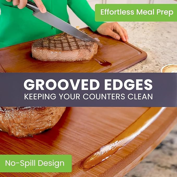 Organic Bamboo Cutting Board Set with Lifetime Replacements - 3pc Non Toxic Wood Chopping Board for Charcuterie, Meat, Vegetables and Fruits - Ideal Kitchen Gifts for Home Chefs