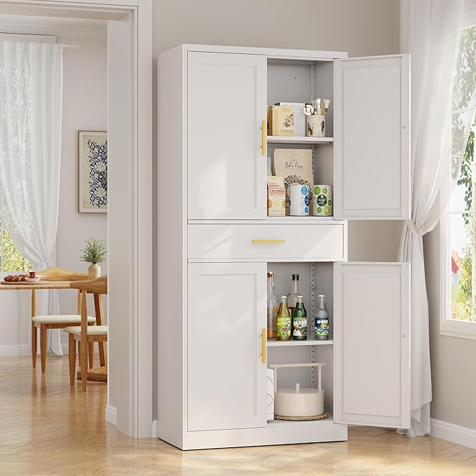 Metal Kitchen Pantry Cabinet, 71"Tall Cabinet with 1 Drawer, Doors and 2 Adjustable Shelves, Pantry Cabinets for Kitchen Storage, Metal Storage Cabinet for Kitchen, Dining Room, Living Room- White