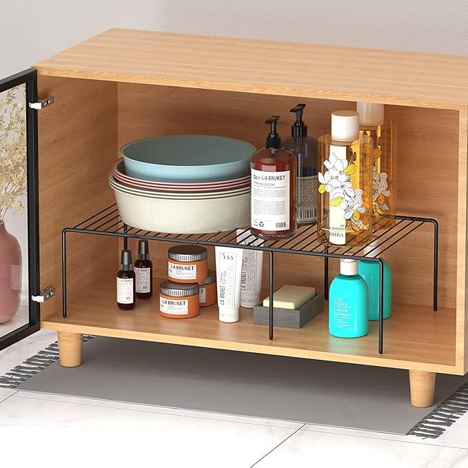 GEDLIRE Kitchen Cabinet Expandable Shelf Organizers Set of 4, Adjustable Metal Wire Pantry Storage Shelves, Plate Dish Organizer Rack for Cabinets, Cupboard, Counter, Freezer, Countertop, Black