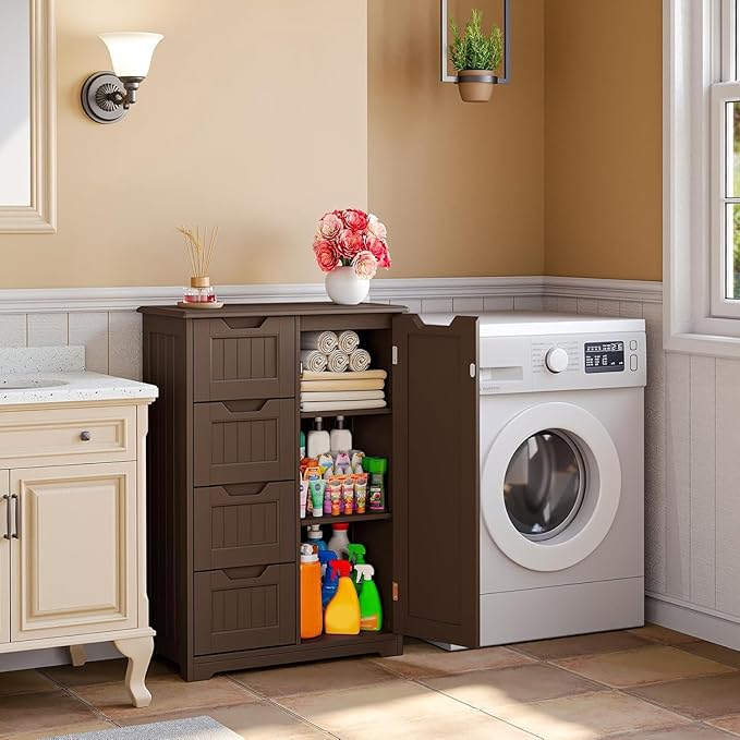 Gizoon Small Kitchen Pantry with Door and Shelves, 33'' Pantry Storage Cabinet Freestanding Wooden Bathroom Storage Cabinet with 4 Drawers for Kitchen and Dining Room, Dark Brown