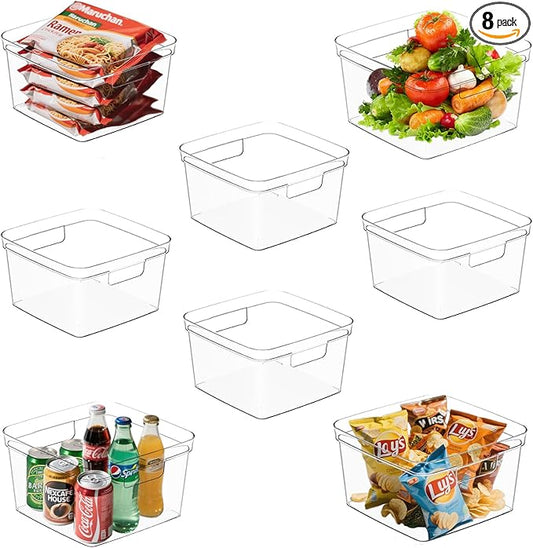 MOONEDGE 8-Pack Clear Plastic Storage Bins — Open-Top PET Containers and Organizers, 10" x 10" x 6" Storage Boxes for Pantry, Garage, Under-Shelf and Multi-Purpose Home Organization