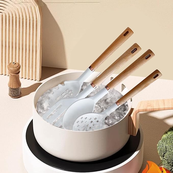 Jiufei Home Silicone Cooking Utensils Set, Kitchen Utensils Set 13 Pcs for cooking, BPA Free Spatula Set with Heat Resistant Wood Handles for Nonstick Cookware (White)