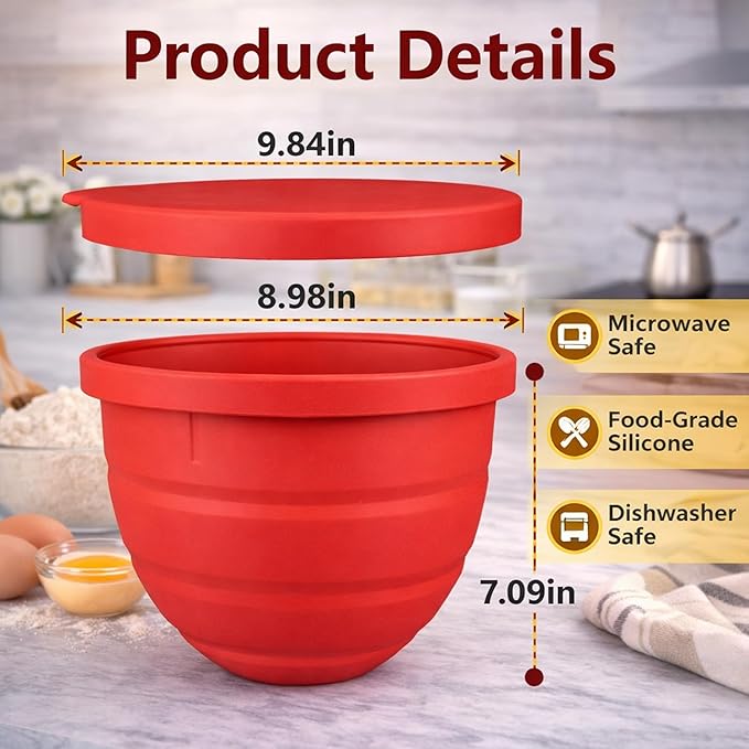 3Pcs Foldable Silicone Bowl Liners for KitchenAid Tilt-Head 5QT Mixer,Mixing Bowls Insert with Lids，Dishwasher-Safe Food-Grade for Stand Mixer Accessories and Attachments(Red,White and Black)