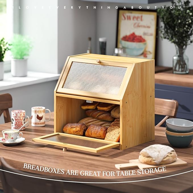 STDDRE Bread Box for Kitchen Countertop Bin Double Layer Bread Box Storage Container Extra Large Capacity with Diamond Pattern Windows (Natural, Extra Large)